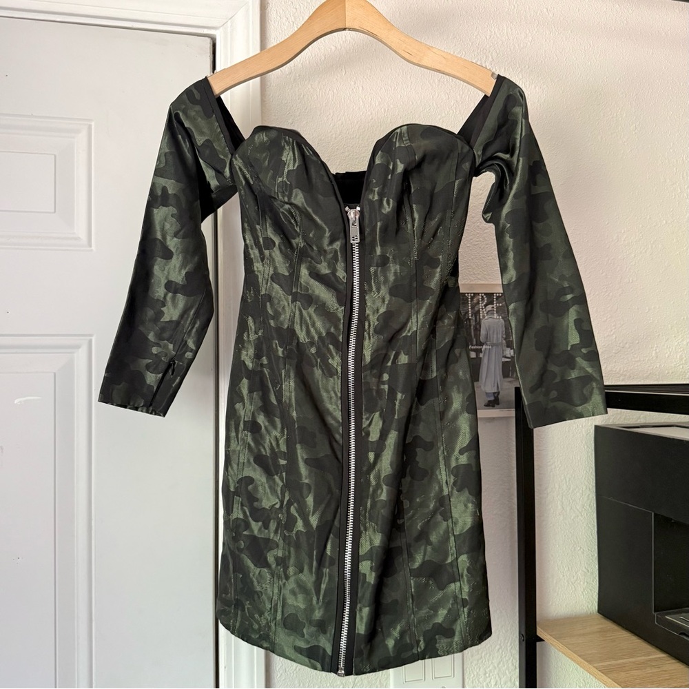 LAQUAN SMITH x ASOS green satin camo off shoulder corset boned bustier mini